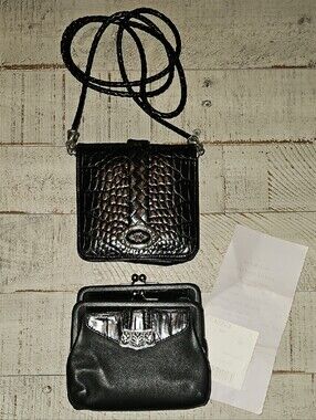 Brighton VINTAGE BUNDLE Black Croc-Embossed Mini Crossbody & Kisslock Coin Purse